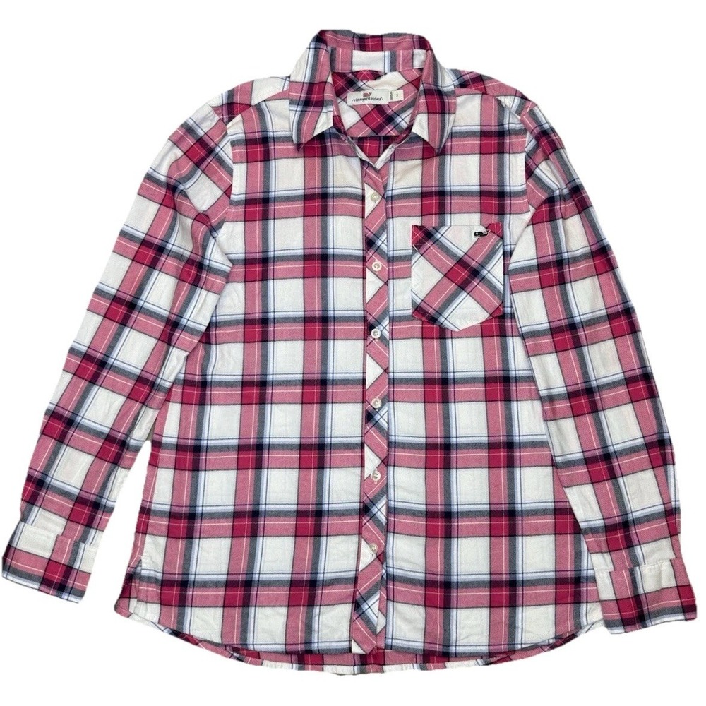 Vineyard Vines Shirt Women's 2 Pink Flannel Top Plaid‎ Button Down Cotton Preppy